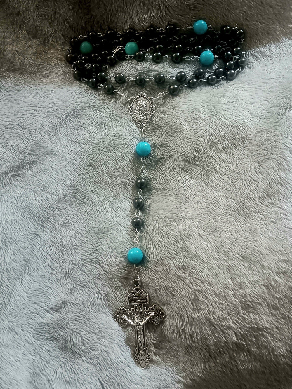 Beaded Cross Pendant Rosary in Dark Gray & Turquoise